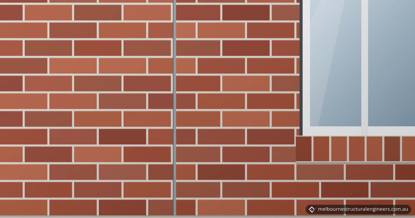 Drawing of a red face brick wall in stretcher bond with a straight vertical articulation joint filled with grey sealant, beside a white-framed window with a brick-on-edge sill; the brick courses run level on both sides of the joint and stop cleanly at it