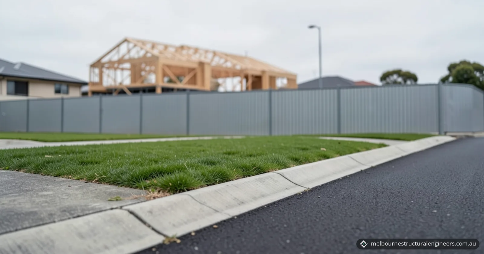 Low view along a concrete kerb at the edge of a dark asphalt road, with a grass nature strip and concrete footpath behind it, a long grey corrugated site fence and a blurred new timber house frame beyond, under an overcast sky