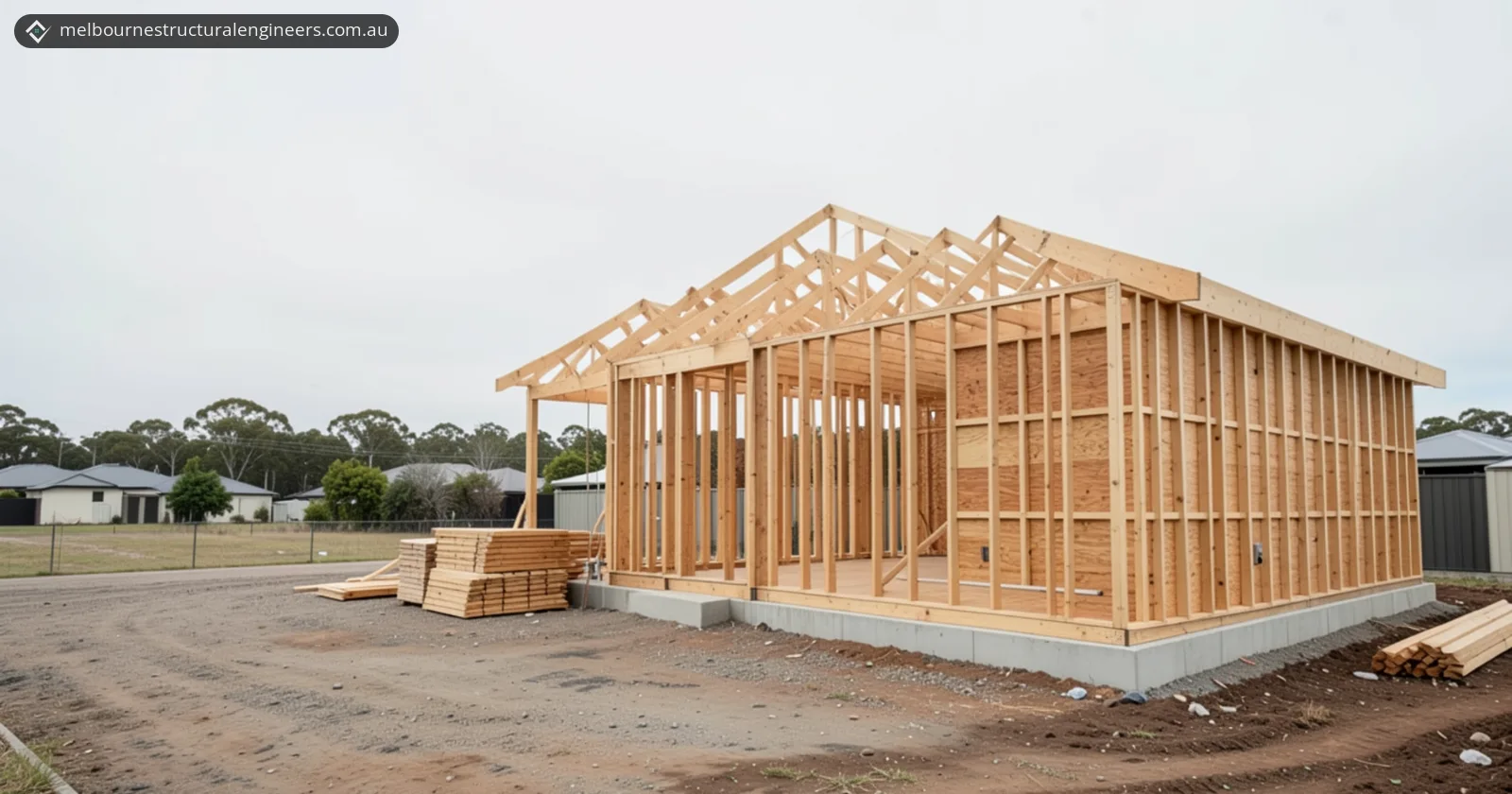 A new single-storey timber-framed house under construction on a suburban block, with pine wall frames and roof trusses standing on a concrete slab, stacks of timber on the ground and an overcast sky