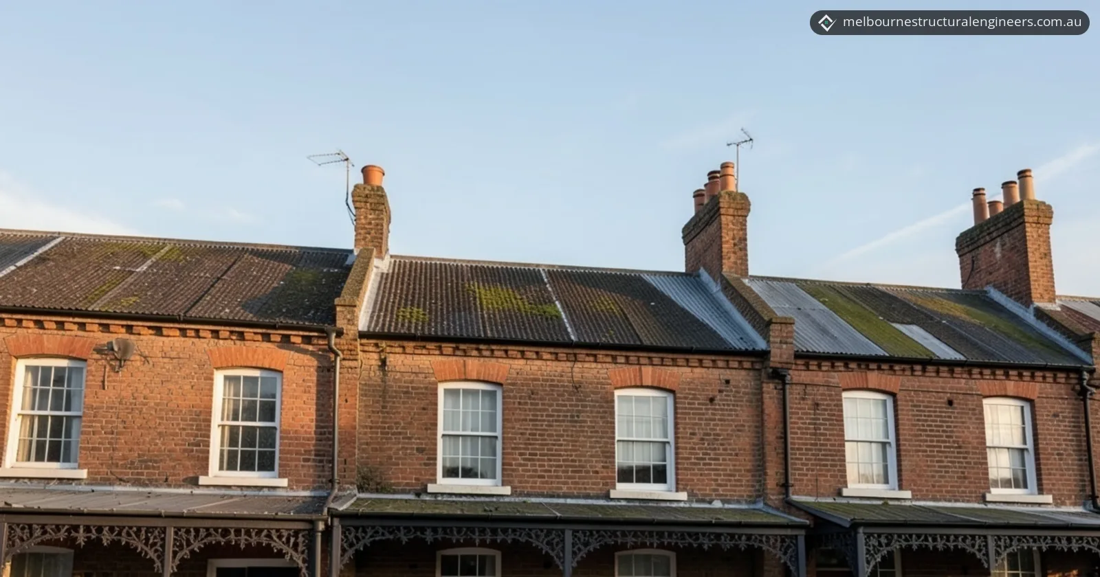 Row of attached red brick terrace houses, with brick party walls rising above the corrugated roofs as parapets beside brick chimneys, cast iron lace verandahs below and a pale blue sky