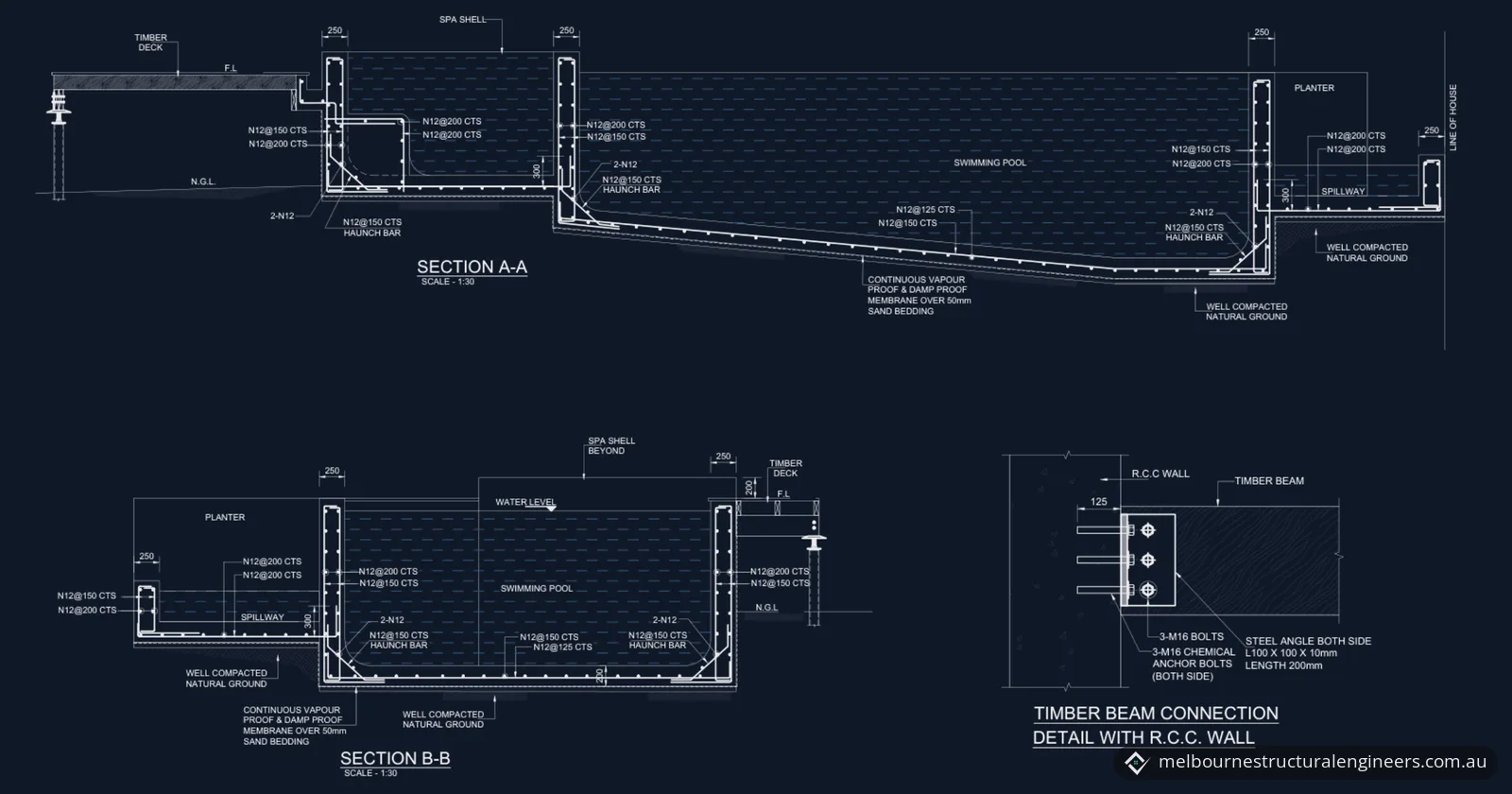 Two cross-sections through a reinforced concrete pool and spa, with a spillway, a planter and a timber deck on a steel stump, beside a bolted timber beam to concrete wall connection, drawn in light lines on dark navy