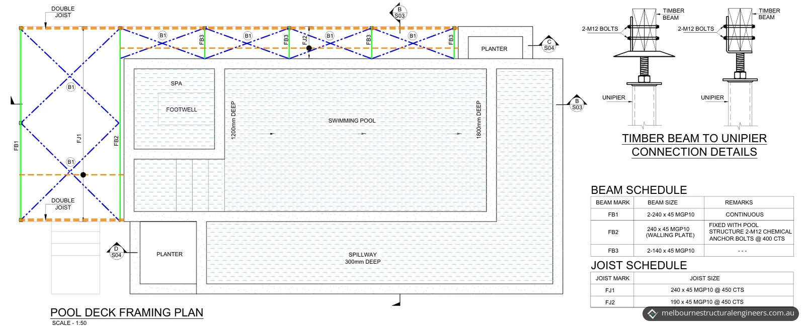 Deck framing plan with beams, joists and diagonal strap bracing beside the pool, two timber beam to steel stump connection details, and beam and joist schedules