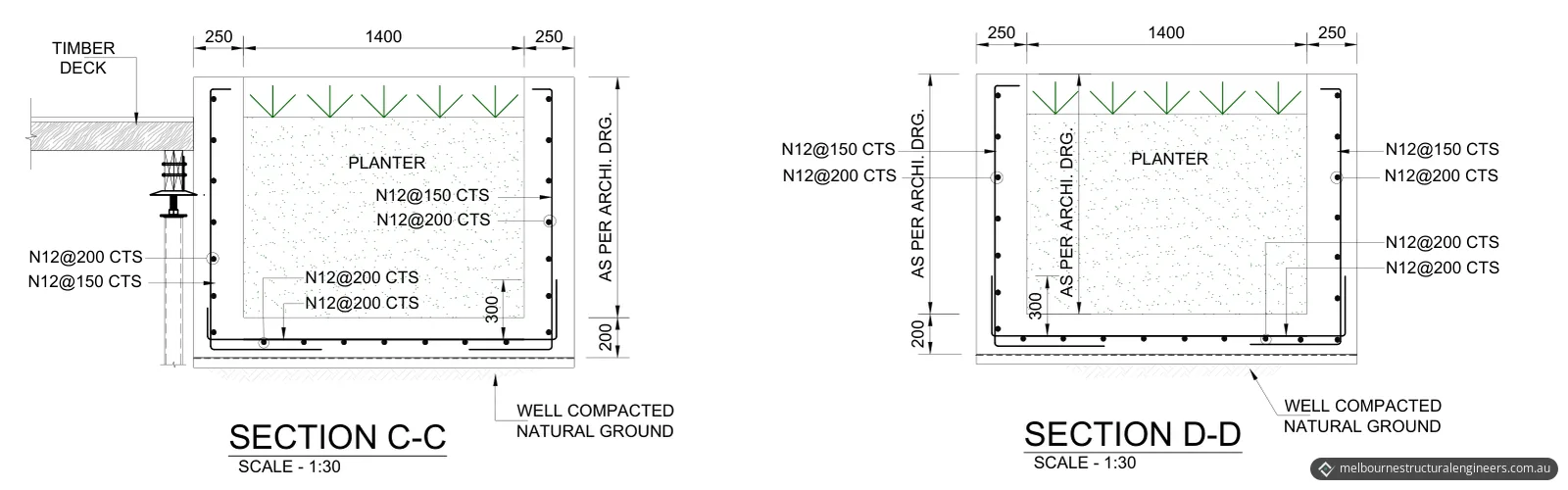 Sections through two reinforced concrete planter boxes, one with the timber deck and a steel stump beside it