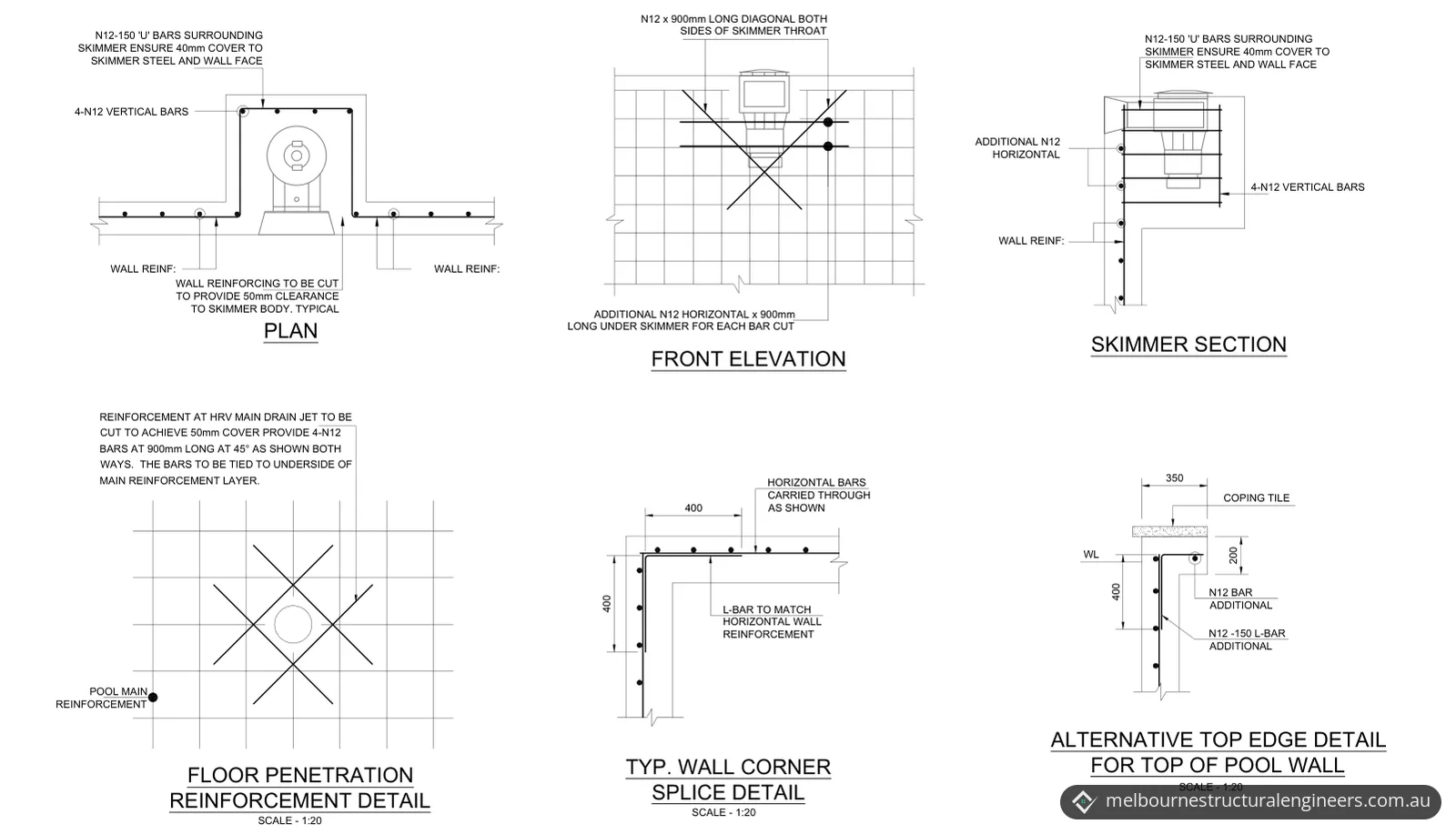 Reinforcement details for the skimmer box, a floor penetration, a wall corner and the top edge of the pool wall