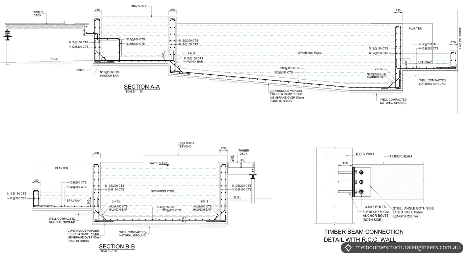 Two cross-sections through a reinforced concrete pool and spa, with a spillway, a planter and the timber deck on a steel stump, and a detail of a timber beam bolted to a concrete wall