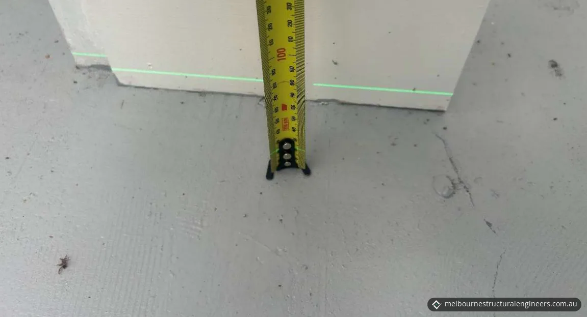 A tape measure standing on a concrete floor against a wall, with a green laser level line across the wall