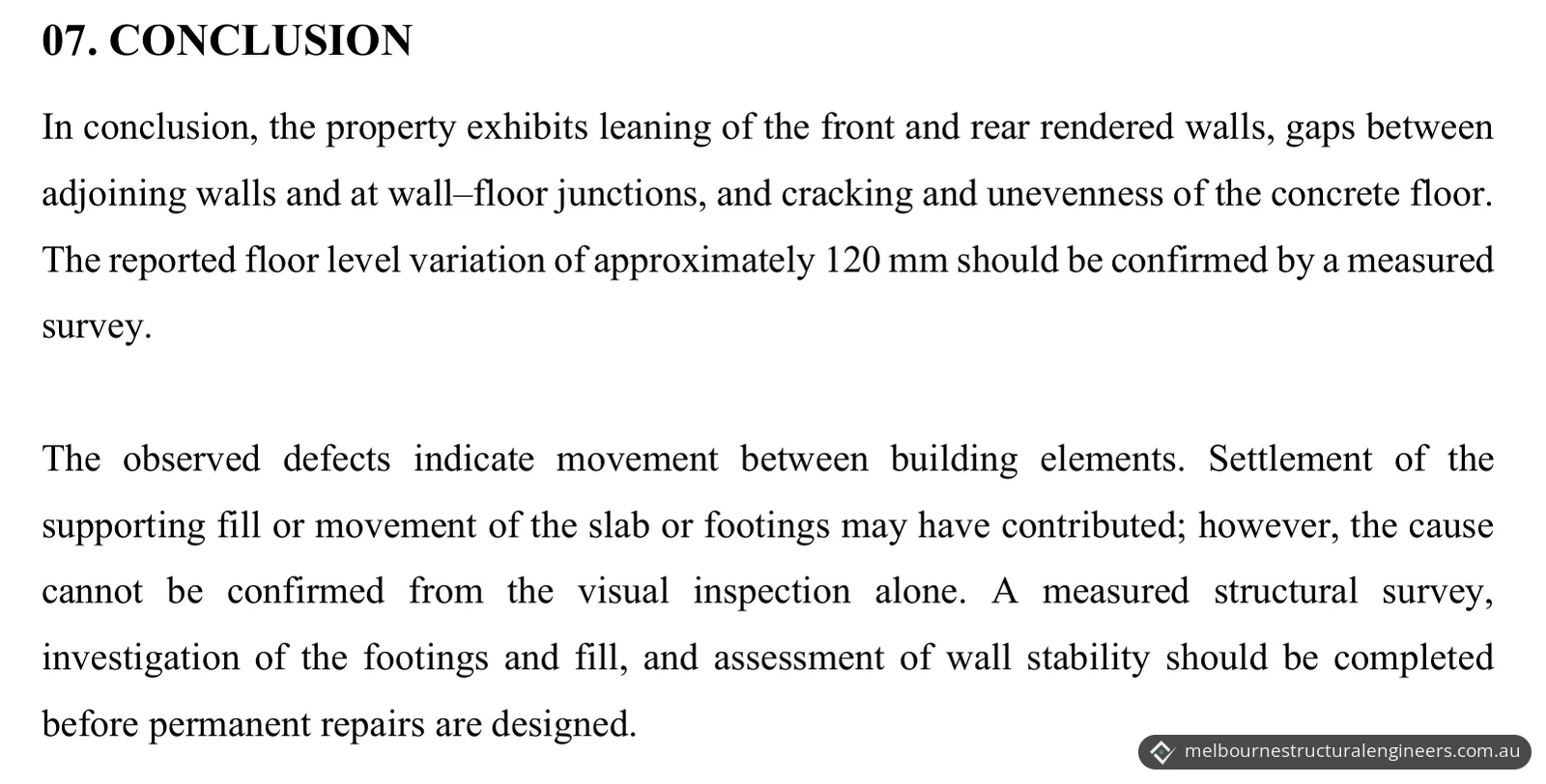 Report page with the conclusion of the structural inspection