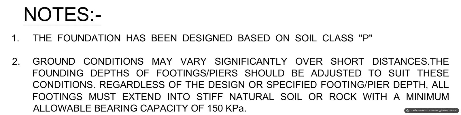 Layout plan notes 1 and 2, on the Class P soil classification and the 150 kPa minimum bearing capacity for all footings
