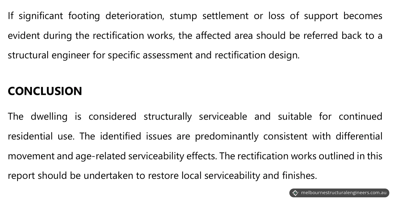 Report text with the referral note for footing problems and the conclusion